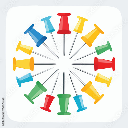 Colorful push pins arranged in a circle on a white background