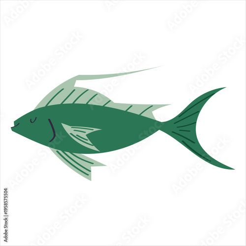Green tropical fish. Marine animal design for kids education, aquarium theme, logo, print and decorative use. Vector isolated on white background