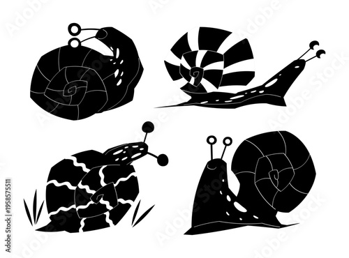 Set of snail silhouettes with different shells. Garden mollusk collection design for logo, print and decoration. Vector isolated on white background