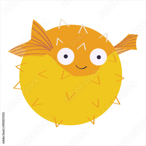 Cute yellow pufferfish. Tropical marine animal design for kids education, print, decoration, aquarium theme. Vector isolated on white background