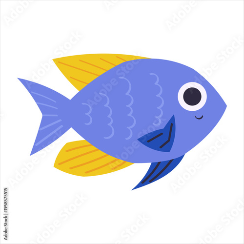 Cute blue fish with yellow fins. tropical marine animal design for kids products, education, print and decoration. Vector isolated on white background