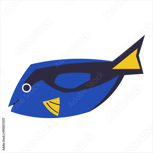 Blue tang fish with yellow fin. Tropical marine animal design for education, kids products, logo and decorative use. Vector isolated on white background
