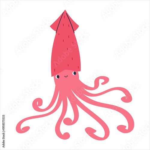 Cute pink squid. Marine underwater animal design for kids education, print, decoration, aquarium theme. Vector isolated on white background
