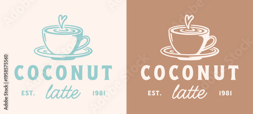 Coconut latte coffee dairy free milk natural syrup plant based vegan cream flavor label logo sticker design. Hot drink with foam drawing retro vintage blue and brown aesthetic printable poster print.