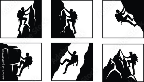 Rock climbing silhouette set mountaineering adventure climber poses extreme sport outline vector collection black isolated outdoor activity design