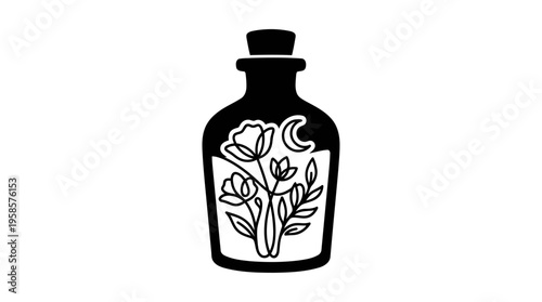 Minimalist Alchemist Potion Bottle with Mystical Botanical Line Art, Monochrome Vector Illustration