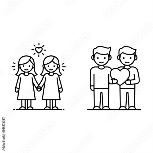 LGBTQ+ love couple holding hands and heart vector illustration