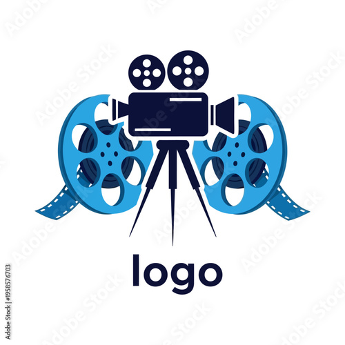 Film camera logo with movie reels vector illustration
