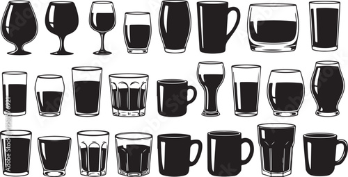Collection of various glasses and cups with dark liquid