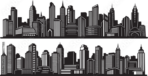 Black and white city skyline with tall buildings illustration
