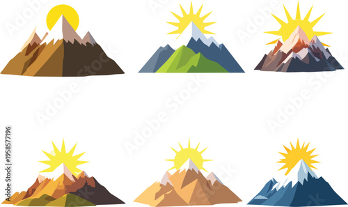 Set of Flat Mountain Peaks with Sun Symbols for Travel and Adventure Logos
