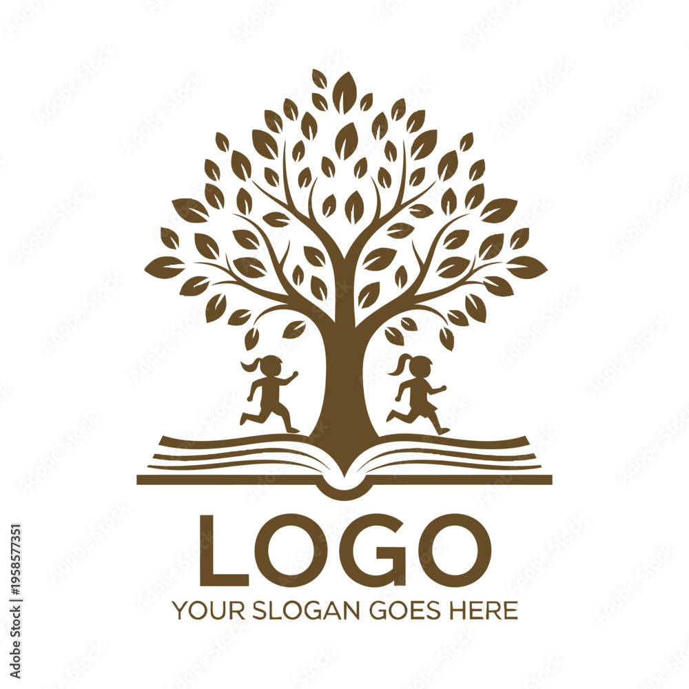 Obraz premium Tree logo with children running around book base vector illustration