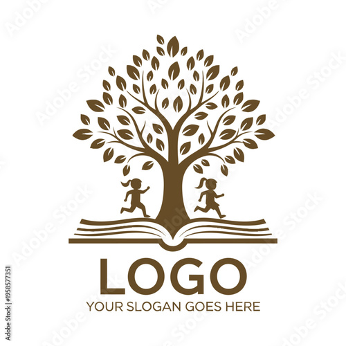 Tree logo with children running around book base vector illustration