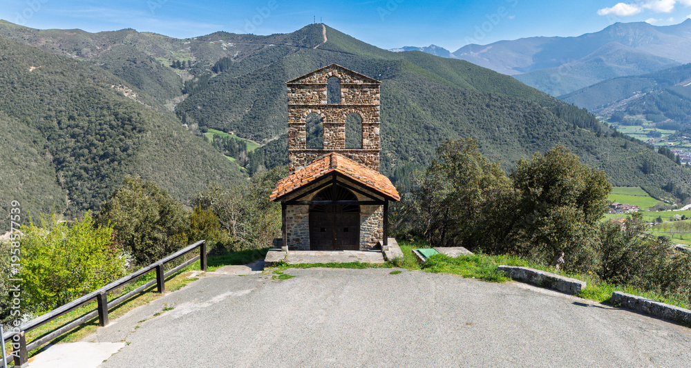 Obraz premium Aerial drone view of San Miguel in Potes Cantabria Spain hermitage and viewpoint near Santo Toribio with Picos de Europa on a sunny day