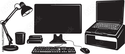 Computer workstation with office supplies and accessories setup