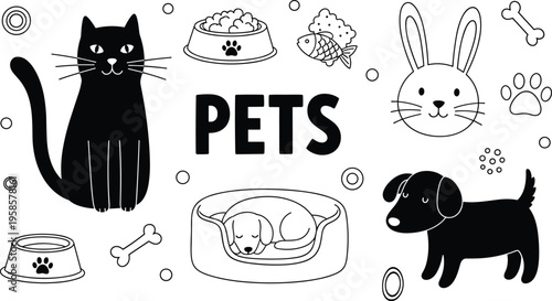 Flat vector illustration of pets including cat, dog, rabbit, puppy, pet food bowls, fish, bones, paw prints, animal care