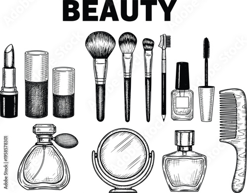Flat vector illustration of beauty products including lipstick, brushes, perfume, mirror, nail polish, cosmetics tools, makeup accessories, grooming items