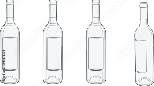 Flat vector illustration of wine bottles with blank labels, simple line art design for packaging, branding, product mockup, beverage concept