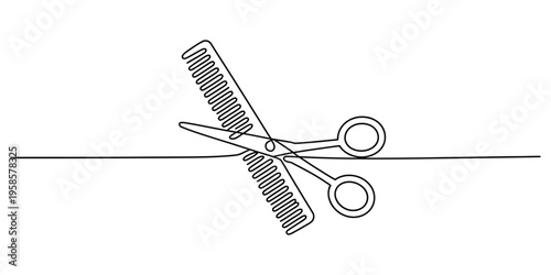 Continuous One Line Drawing of Scissors and Comb
