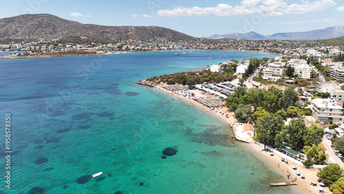 Aerial drone photo of bay of Porto Rafti famous Athenian summer destination, Attica, Mesogeia, Greece