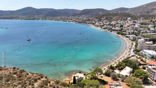 Aerial drone photo of bay of Porto Rafti famous Athenian summer destination, Attica, Mesogeia, Greece