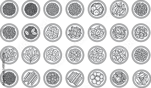 Flat vector illustration of spice containers with herbs, seeds, powders, seasonings, culinary ingredients, cooking elements, food art, kitchen design