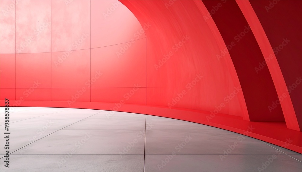 Obraz premium Abstract red curved architecture background, Empty curve wall space with concrete floor, Modern exterior backdrop, Minimal building