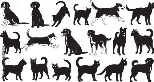Collection of dog and cat silhouettes in various poses