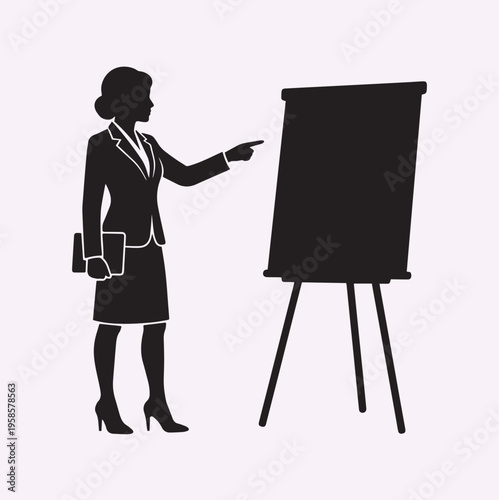 Businesswoman Pointing Presentation Board Side View Silhouette Professional Pose Minimal Black Vector Illustration