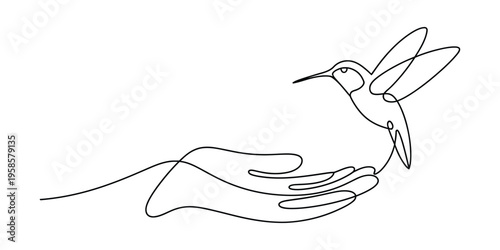 Continuous One Line Drawing of Hand Releasing Hummingbird