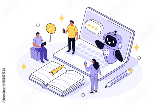Characters studying together with ai robot assistant. Artificial intelligence in business and education. Vector isometric illustration.