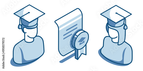 Isometric vector icon of a man and a woman wearing bachelor's caps and holding a diploma, in color on a white background, applicants or students graduating from a higher education institution