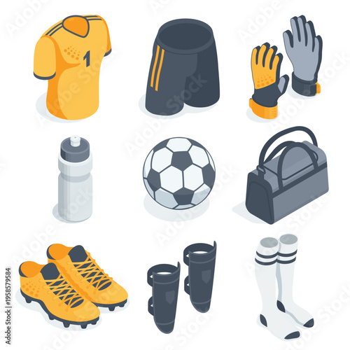 Isometric vector set of football equipment icons such as clothing and protection, as well as bottle and bag, in color on a white background, infographic and design elements