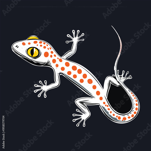 Stylized illustration of a gecko with red spots and detailed features