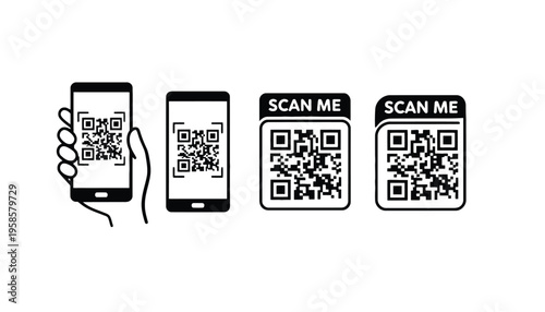 A hand holds a smartphone displaying a QR code next to two standalone QR codes.
