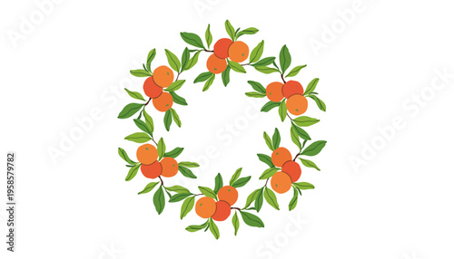 A circular wreath made of orange fruits and green leaves on a white background.