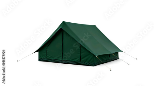 Classic green ridge tent for camping and outdoor scout activities isolated on white background. Professional equipment for hiking and adventure.