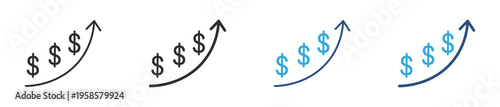 Financial growth and profit increase icon set. Dollar symbols with upward trend arrow, business success and revenue growth concept. Vector illustration.