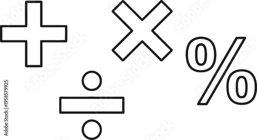 Mathematical symbols, basic arithmetic icons, plus, minus, division, percentage signs, vector graphics