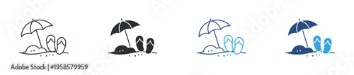 Summer vacation and beach relaxation icon set. Umbrella, flip flops and holiday travel concept. Vector illustration.