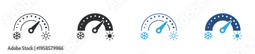 Temperature control and climate settings icon set. Thermometer gauge, hot and cold weather regulation concept. Vector illustration.