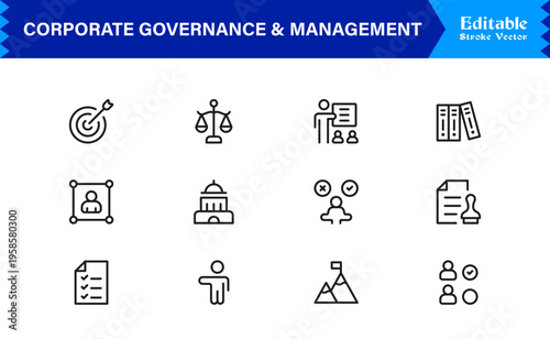 Corporate Governance And Management Line Icon Set – Professional Minimal Vector Icons With Modern, Clean, And Unique Design For Business, Leadership, Strategy, And Compliance