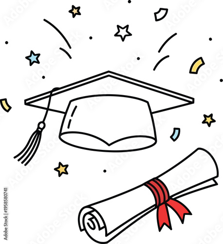 Simple black line illustration depicts a graduation mortarboard cap tossed with a celebratory diploma scroll.