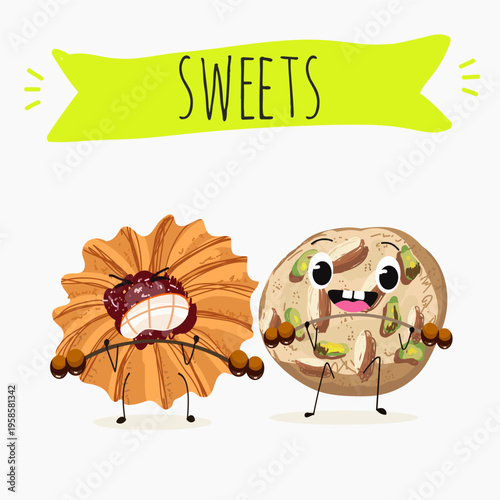 Funny Characters Kurabiye, Kurabie, Ghorayeba, Qurabiya, dessert, hand drawn vector illustration.