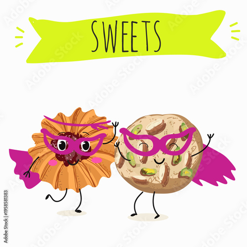 Funny Characters Kurabiye, Kurabie, Ghorayeba, Qurabiya, dessert, hand drawn vector illustration.