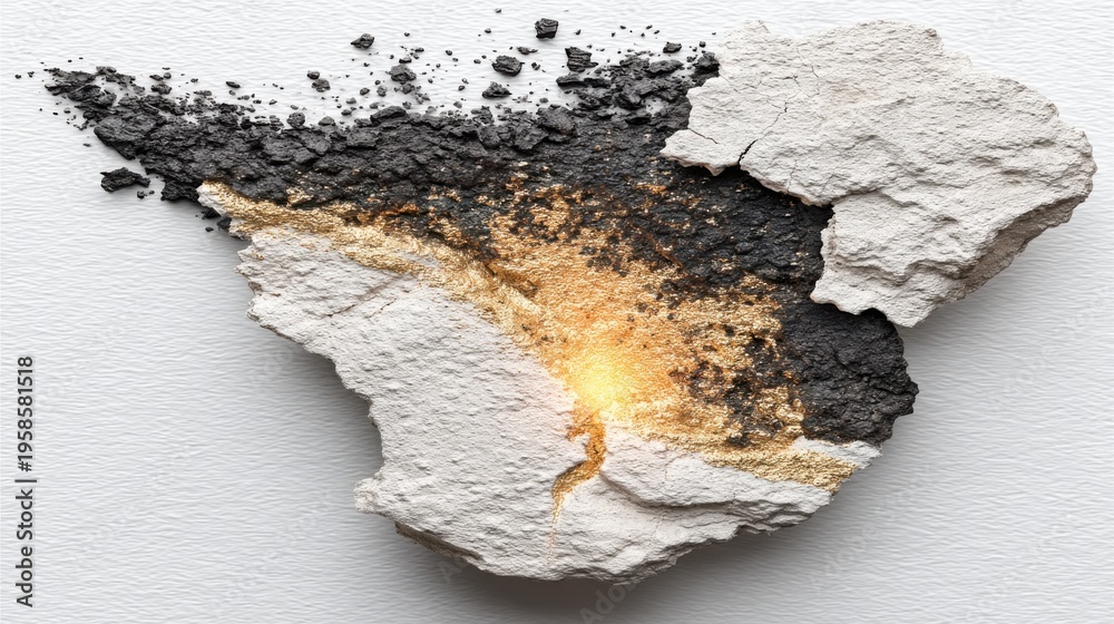 Fototapeta premium White and black rock fragment with a soft yellow light emitting from its cracked surface