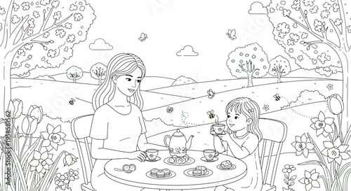 Mother and daughter enjoying a delightful spring afternoon tea party together surrounded by blooming nature scenery
