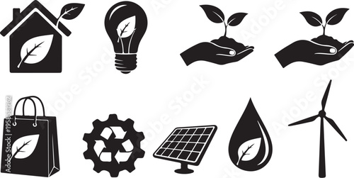 Eco Friendly Sustainable Living Icons and Symbols Set