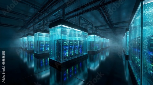 Wallpaper Mural Advanced server arrays submerged in liquid cooling tanks within a high-tech infrastructure Torontodigital.ca