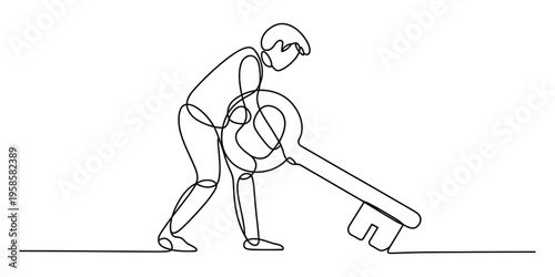 Continuous Line Drawing of Person Holding a Large Key